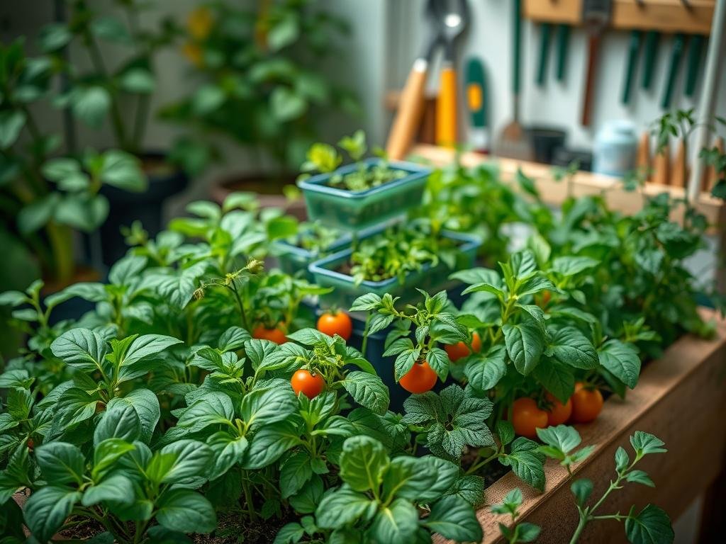 A lush, well-organized urban garden thriving in a small, raised planter. The foreground showcases a variety of healthy vegetable plants - leafy greens, tomatoes, herbs - arranged efficiently to maximize the limited space. The middle ground features compact, tiered growing structures, allowing for vertical cultivation. Soft, diffused natural lighting illuminates the scene, highlighting the vibrant colors and textures of the plants. In the background, a neatly arranged collection of small gardening tools and supplies creates a sense of order and purpose. The overall atmosphere conveys a feeling of productive, sustainable urban farming in a confined setting. A lush, well-organized urban garden thriving in a small, raised planter. The foreground showcases a variety of healthy vegetable plants - leafy greens, tomatoes, herbs - arranged efficiently to maximize the limited space. The middle ground features compact, tiered growing structures, allowing for vertical cultivation. Soft, diffused natural lighting illuminates the scene, highlighting the vibrant colors and textures of the plants. In the background, a neatly arranged collection of small gardening tools and supplies creates a sense of order and purpose. The overall atmosphere conveys a feeling of productive, sustainable urban farming in a confined setting.