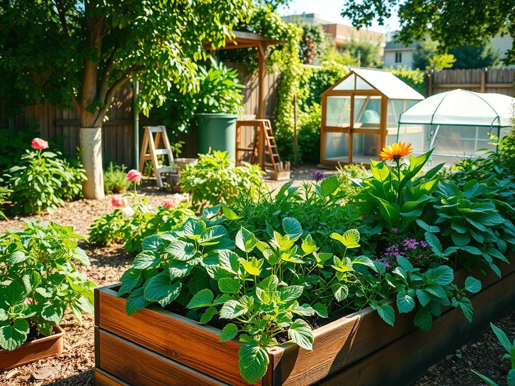 A vibrant, sun-dappled garden teeming with lush greenery and thriving plants, showcasing the sustainable practices of a homegrown urban oasis. In the foreground, a raised planter box bursting with leafy vegetables, herbs, and vibrant flowers, all nurtured organically. The middle ground reveals a compost bin, a rainwater harvesting system, and natural mulch, demonstrating the efficient use of natural resources. In the background, a small greenhouse stands, casting gentle shadows and further highlighting the self-sufficient nature of this urban homestead. The warm, earthy tones and soft lighting create a serene, inviting atmosphere, capturing the harmony between human and nature. A vibrant, sun-dappled garden teeming with lush greenery and thriving plants, showcasing the sustainable practices of a homegrown urban oasis. In the foreground, a raised planter box bursting with leafy vegetables, herbs, and vibrant flowers, all nurtured organically. The middle ground reveals a compost bin, a rainwater harvesting system, and natural mulch, demonstrating the efficient use of natural resources. In the background, a small greenhouse stands, casting gentle shadows and further highlighting the self-sufficient nature of this urban homestead. The warm, earthy tones and soft lighting create a serene, inviting atmosphere, capturing the harmony between human and nature.